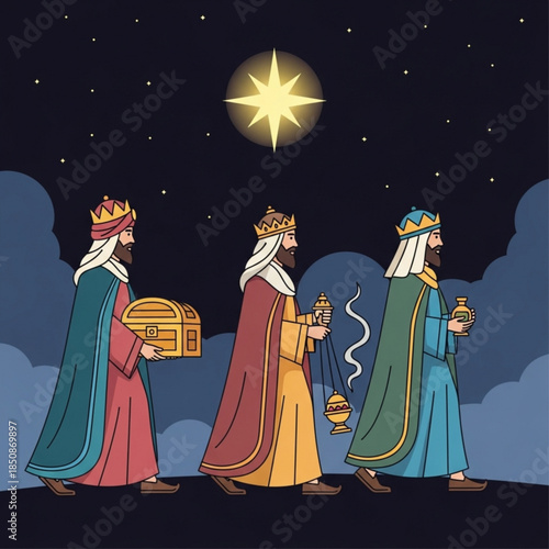 Three Kings' Pilgrimage: A depiction of the three wise men, resplendent in regal attire, traversing under the radiant guidance of a guiding star, embarking on a sacred journey.