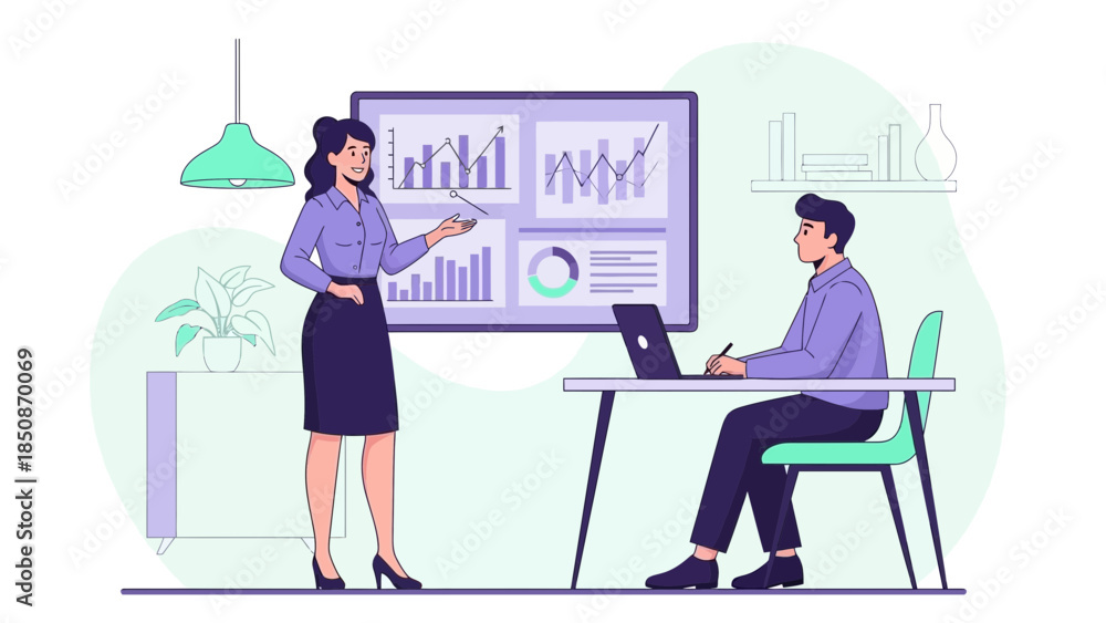 Fototapeta premium business presentation with data analysis and team collaboration in an office setting