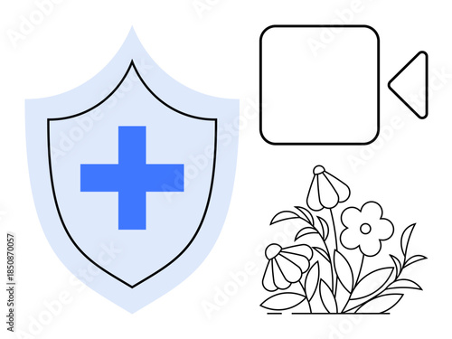 Health protection, online communication, digital safety, medical services, nature connection, remote care. Blue cross on shield, video camera icon flowers. Health protection and online communication