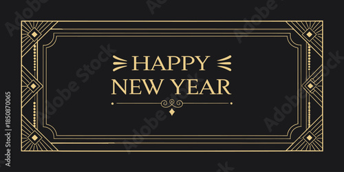 Elegant Happy New Year greeting card with gold Art Deco design
