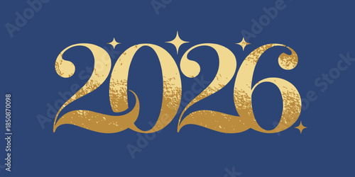Golden 2026 typography with star accents on blue background
