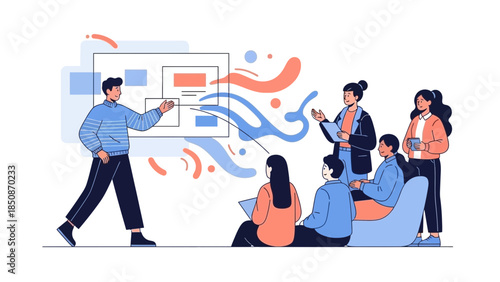 interactive educational presentation with diverse audience engaging with digital screen