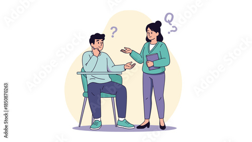 Illustration of a counseling or consultation scene where a woman is talking and explaining