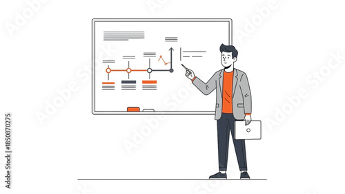 Business professional analyzing data on a digital whiteboard in a modern office setting