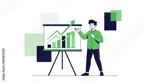 Business presentation of increasing growth and success in financial charts with a confident speaker
