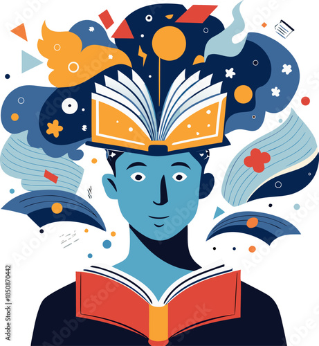 A person with an open book as their head, or their mind literally made of text and paper (imagination overload)