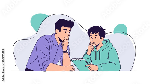two young men having a thoughtful discussion in a modern setting with casual attire and a notebook