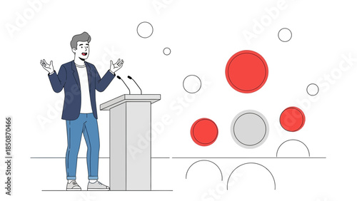 Illustration of a young man giving a speech at a podium with abstract red and gray circles in the