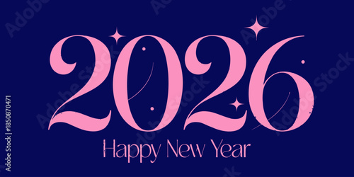 Happy New Year 2026 Celebration with Pink Text on Dark Blue Background