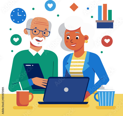 Senior people using laptop. stock illustration