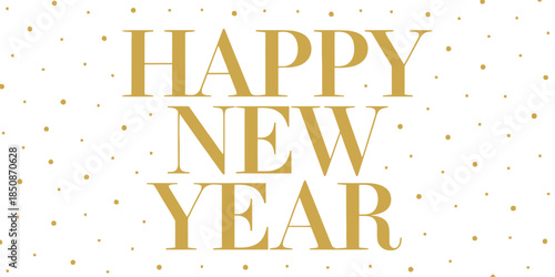 Golden Happy New Year text on white background with confetti