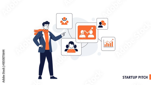 business entrepreneur presenting startup pitch concepts with market growth icons and team