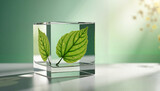 Transparent cube with green leaves in water on bright background