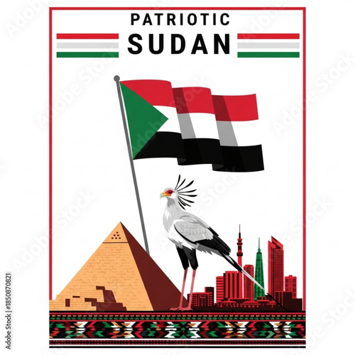 Patriotic Sudan: A patriotic illustration, with Sudan's national flag and cultural elements combined into one vivid image, is a visual embodiment of patriotism, love and pride for Sudan.
