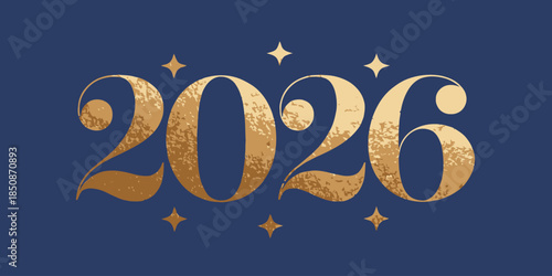 Golden 2026 typography with starry night effect on dark blue