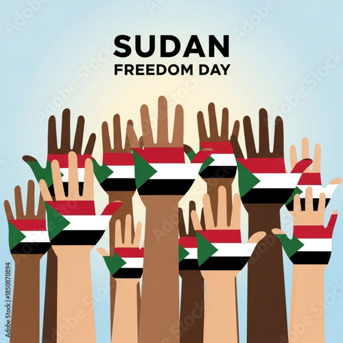 Sudan Freedom Day: Unified hands reach skyward, adorned with the national colors of Sudan, celebrating freedom and unity. A powerful symbol of hope, patriotism, and the spirit of a nation.