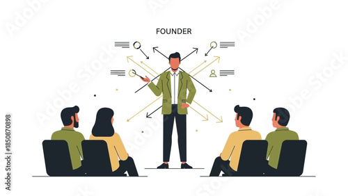 Effective leadership presentation illustrating the concept of a founder inspiring a team with
