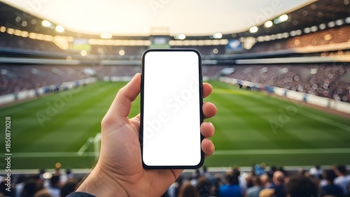 Hand Holding Smartphone Mockup at Stadium Event | Blank Screen
