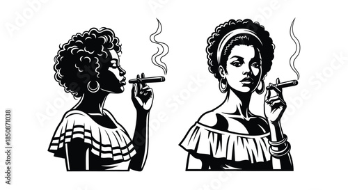 Two women with afro hairstyles smoking black and white graphic illustration