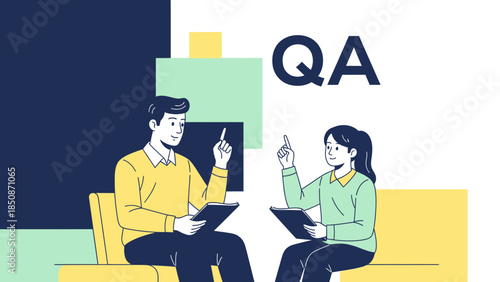 Digital Quality Assurance Meeting with Two Professionals Discussing Feedback and Improvement