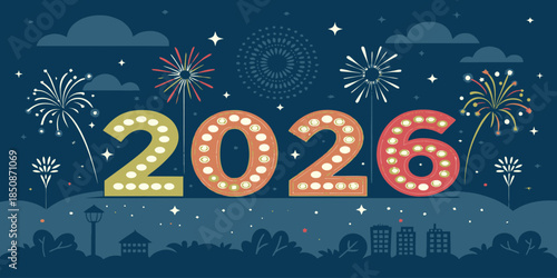 Vibrant 2026 New Year's Eve celebration with fireworks in night sky