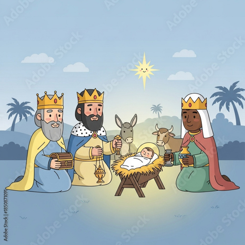 Adoration of the Christ Child: The three wise men gather in reverence around the cradle of the newborn, sharing gifts and celebrating the nativity in a moment of spiritual awe.