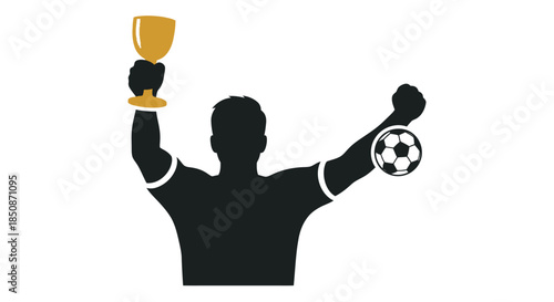 A victorious soccer player celebrates with a trophy and a football