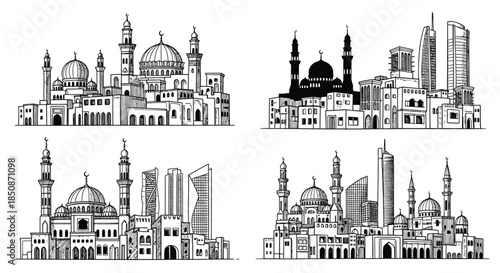 Detailed black and white sketches of iconic islamic architecture and city skylines