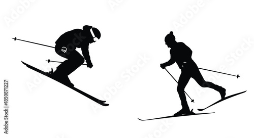 Silhouette of two skiers in action showcasing a dynamic winter sport scene