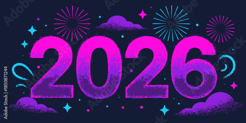 Vibrant 2026 celebration with fireworks and purple pink hues