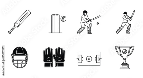 Cricket equipment and players in action a collection of vector icons