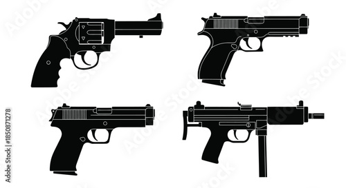 Four different silhouettes of handguns and a submachine gun in black