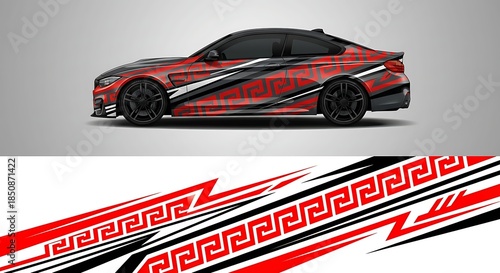 Side view of a red sports car with black and white Greek key pattern decals on a gray background with additional decals below.