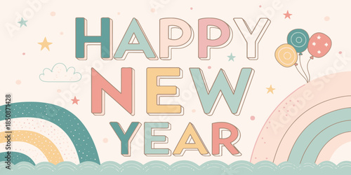 Vibrant Happy New Year celebration with colorful balloons and rainbows