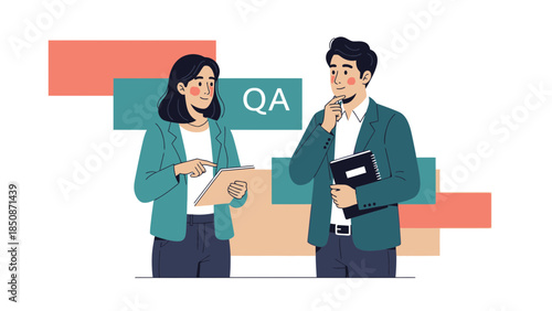 Professional Business Conversation Between Woman and Man Discussing Quality Assurance Processes