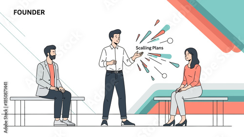 Business Presentation Illustration Showing a Man Explaining Scaling Plans to Two Colleagues in a