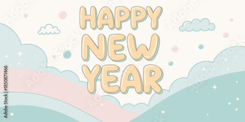 Happy New Year celebration with colorful clouds and stars