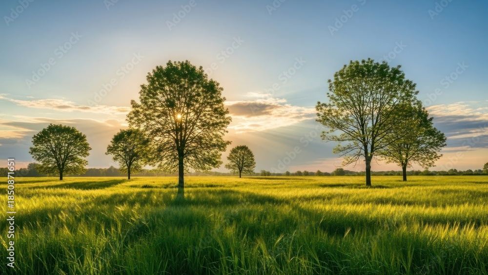 Obraz premium Sunny meadow landscape with green trees silhouetted against a bright, blue sky
