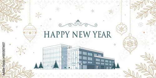 Modern office building with Happy New Year celebration decorations