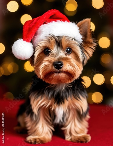 A dog in a Santa hat against a background of bokeh lights. Christmas card.