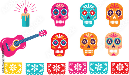 Colorful Day of the Dead Vector Element Set Featuring Ornate Sugar Skulls Guitar Candle and Papel Picado Decorations.