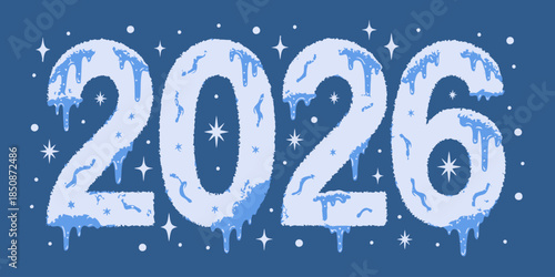 2026 numbers with icy accents, frosty winter theme, soft snow details, clean flat vector style, cool tones, minimal New Year holiday background