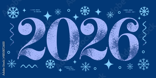 2026 numbers with icy accents, frosty winter theme, soft snow details, clean flat vector style, cool tones, minimal New Year holiday background
