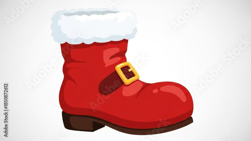 Christmas stocking shaped boot with white fur trim and gold buckle on red shiny leather santa claus footwear