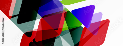 Abstract composition featuring overlapping translucent shapes. Colors include red, green, purple, gray, plus white background. Dynamic, modern design.