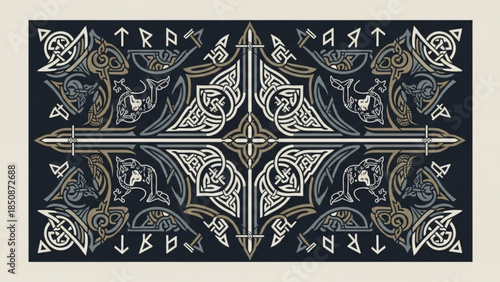 Intricate celtic knotwork design with swords and runes on dark background, featuring mythical creatures and knot patterns