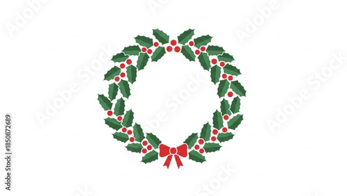 Christmas wreath with green leaves, red berries and bow on white background, holiday decoration symbol