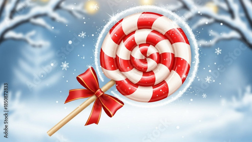 Large red and white striped lollipop with red bow on stick, snowflakes and frosty trees in background, winter candy treat
