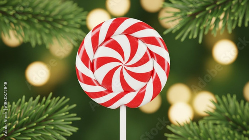 Festive peppermint lollipop on white stick against blurred christmas tree lights and branches