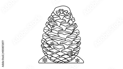 Black and white illustration of a pine cone with snowflakes on a white background, winter season icon, nature symbol, botanical drawing